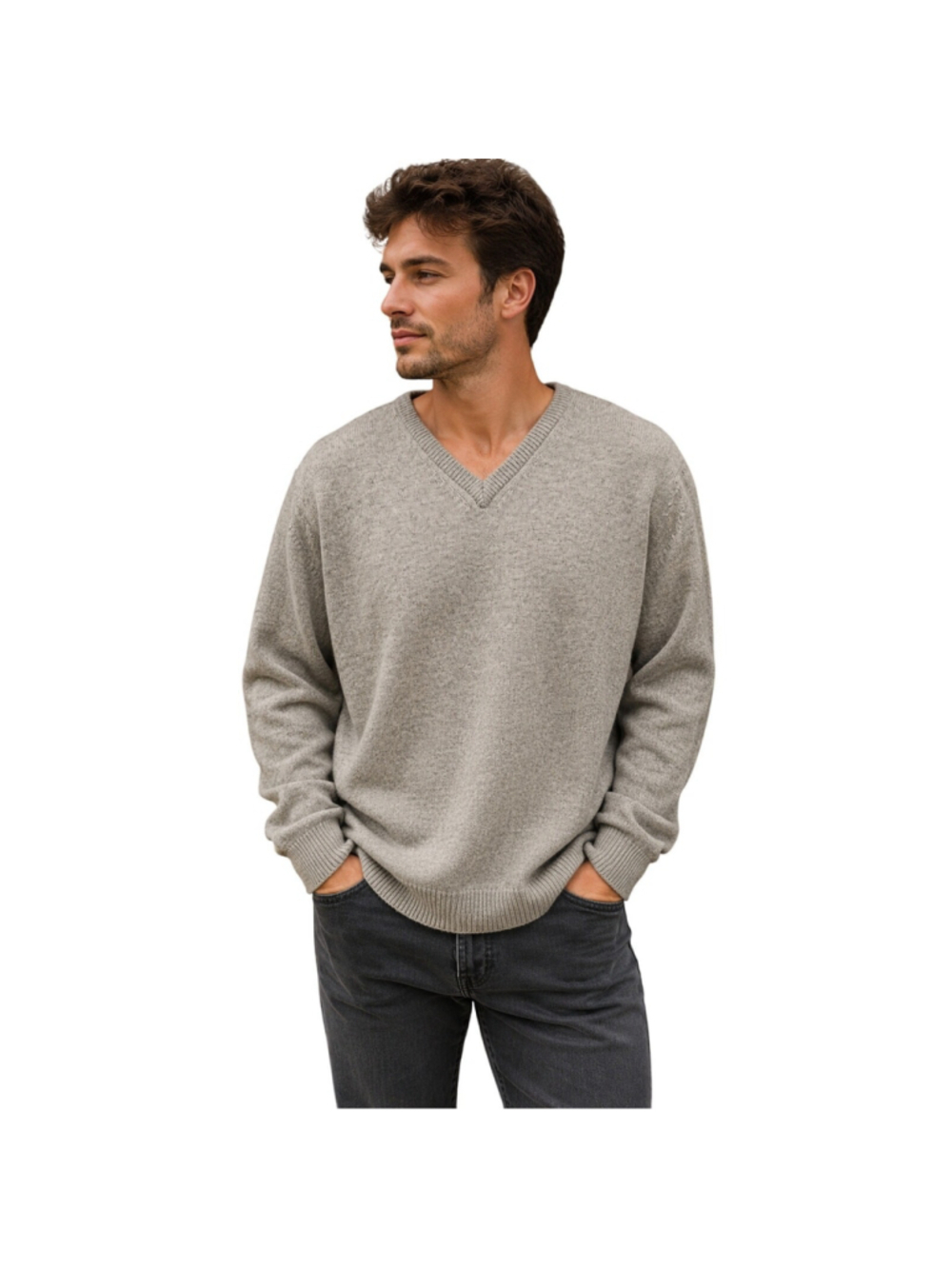 100% lambswool v neck mens sweater warm winter grey knit sz Large preppy vintage